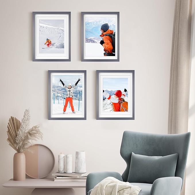 Egofine 12x16 Picture Frames with Plexiglass, Display Pictures 9x12/11x14 with Mat or 12x16 Without Mat Set of 4 for Wall Mounting,Dark Grey
