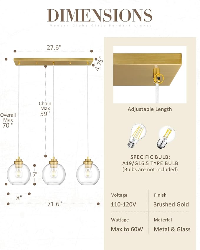 3-Light Gold Linear Chandelier, Globe Kitchen Island Lighting, Modern Pendant Light with Clear Glass for Dining Room Living Room Pool Table, ZCPL101BG-3S