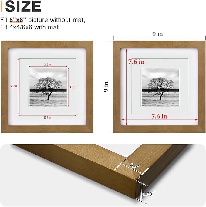 Egofine 8x8 Picture Frames 4 Pack Covered by Plexiglass, for Picture 4x4 with Mat or 8x8 whitout Mat Made of Solid Wood for Table Top Display and Wall Mounting Photo Frame, Light Brown