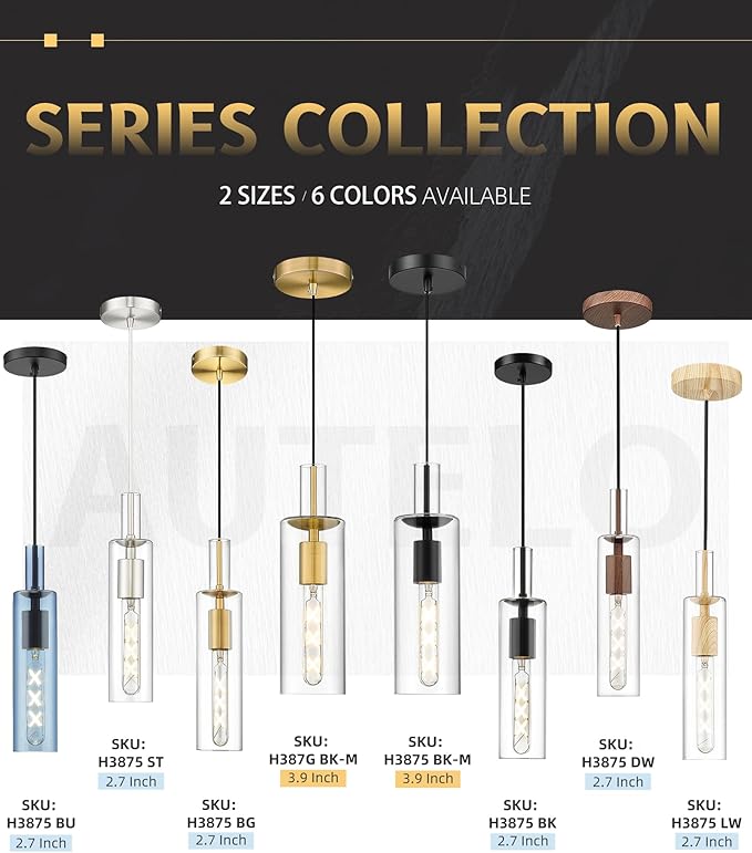 AUTELO 2 Pack Pendant Lights Kitchen Island, Vintage Pendant Light Fixtures in Brushed Gold Metal Finish, Gold Pendant Lights, Glass Hanging Lights for Kitchen Island, Dining Room, H3875 BG-M-2P