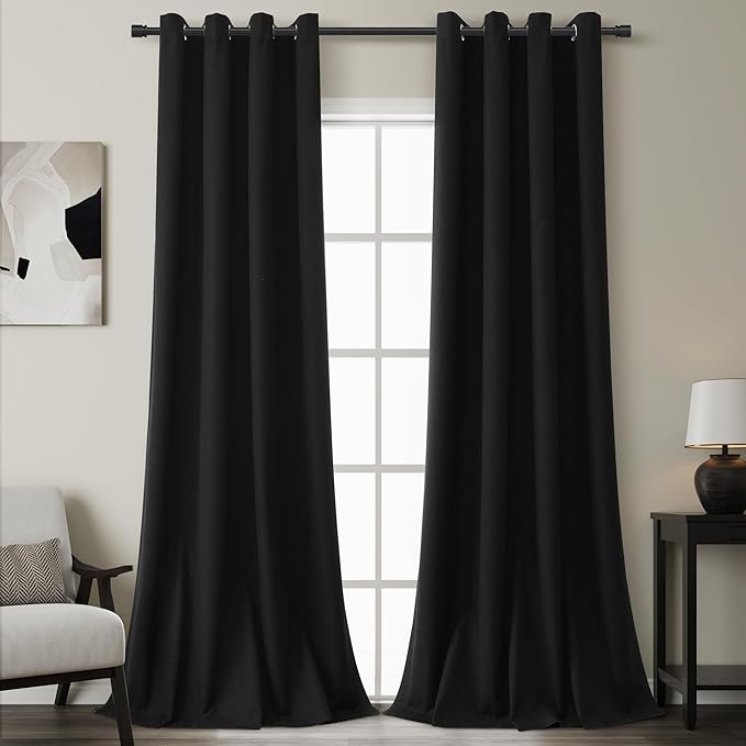 Grommet Black Blackout Linen Curtains 96 inches Long for Bedroom Full Light Blocking Thermal Insulated Black Out Curtain Panels 96 inch Length Energy Saving Room Darkening Curtain White Backing 8ft