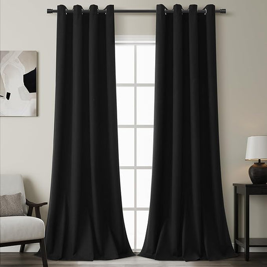 Grommet Black Blackout Linen Curtains 96 inches Long for Bedroom Full Light Blocking Thermal Insulated Black Out Curtain Panels 96 inch Length Energy Saving Room Darkening Curtain White Backing 8ft