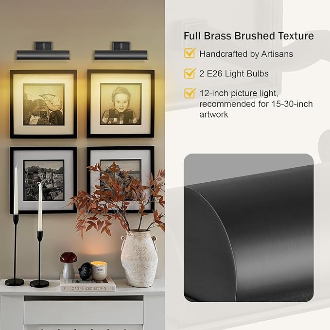 Modern 12in Bronze Picture Lights for Wall Hardwired, Black Picture Light Adjustable Picture Frames Lights Horizontal Wall Sconce for Painting, Artwork, Gallery, Bookcase Includes Bulbs