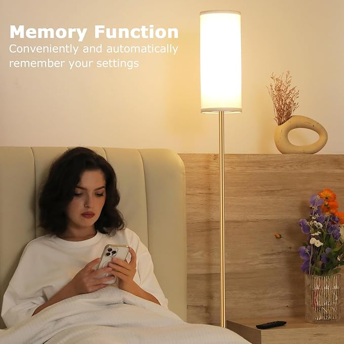 Ambimall 64'' Floor Lamps for Living Room with Remote Control and Stepless Dimmable Colors Temperature & Brightness, 9W Bulb Included(White Lampshade & Gold Pole)