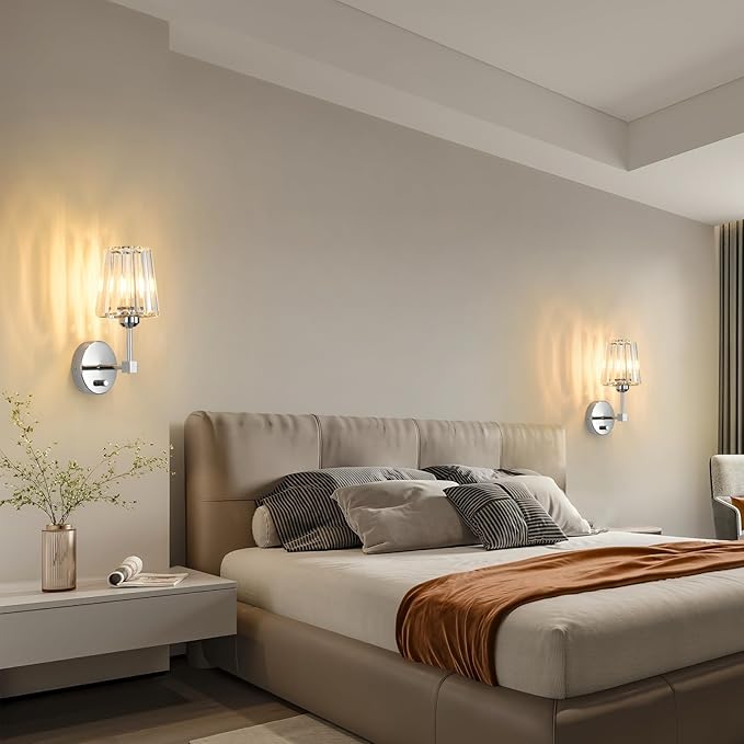 Crystal Wall Sconces Set of 2, Dimmable Wall Sconce with Plug in Cord and Dimmer Chrome Plug in Wall Lamp Wall Mounted Light with Crystal Shade for Living Room Bedroom Vanity Light, Bulbs Included
