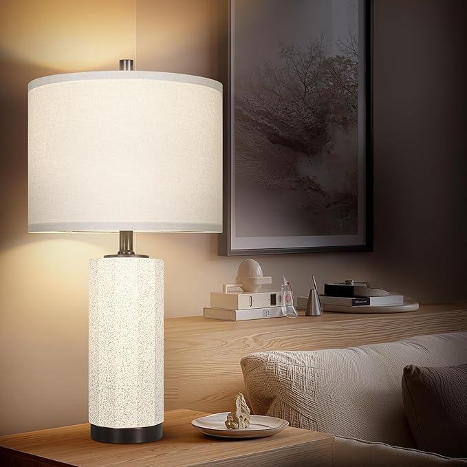 Scenekoy 23” Table Lamp Set of 2 for Bedroom Living Room, Rotary Switch Ceramic Bedside Lamp with White Linen Shade, Dimmable Nightstand Lamps for Room Office Hotel Dorm (Bulb Included)