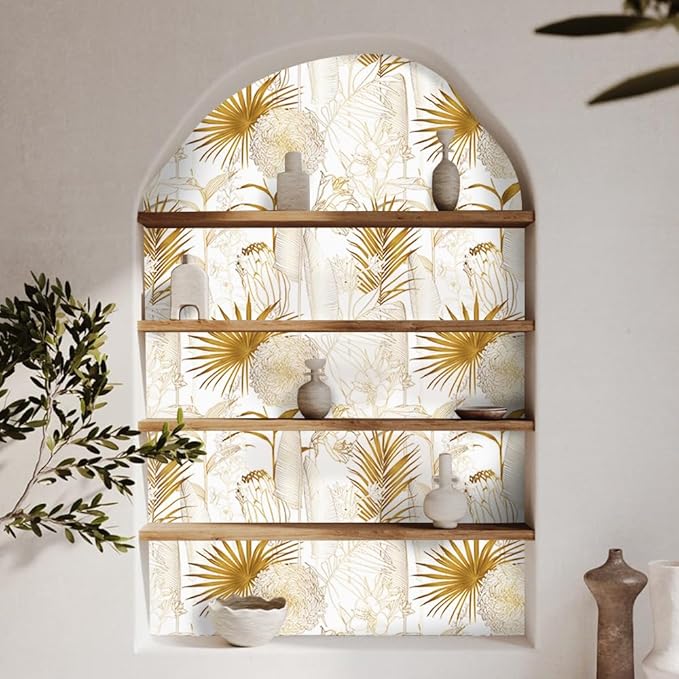 Gold/White Chrysanthemum Floral Peel and Stick Wallpaper - Tropical Palm Leaf Vintage Floral Contact Paper - Removable Wallpaper Vinyl Self Adhesive for Living Room Bedroom Shelf - 118.1"x17.71"