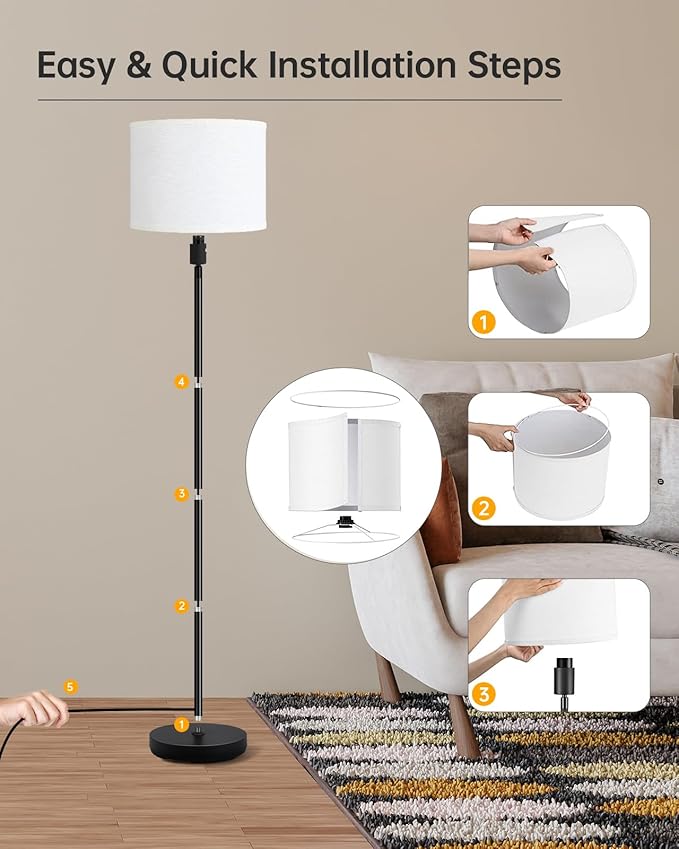 Floor Lamps Standing Lamp, Modern 58" Tall Lamp with White Lampshade, Simple Small Pole Lamp for Bedroom, Pedal Switch, Black Small Lamps for Kid Room/Office/Reading Room(E26 Base, NO Bulb)