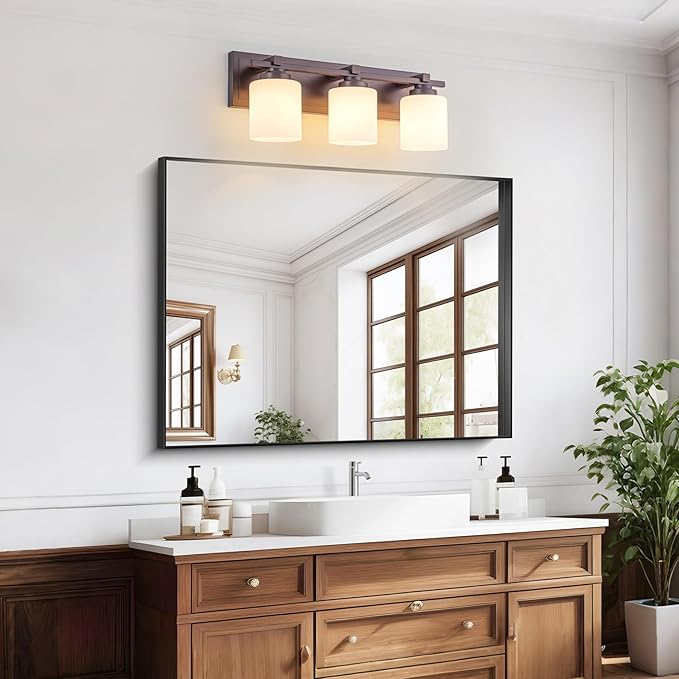 3 Light Modern Bathroom Light Fixtures Over Mirror, Bronze Finish Vanity Lights for Bathroom Wall Sconces with Milky White Glass Shades, E26 Socket (Bulbs Not Included)