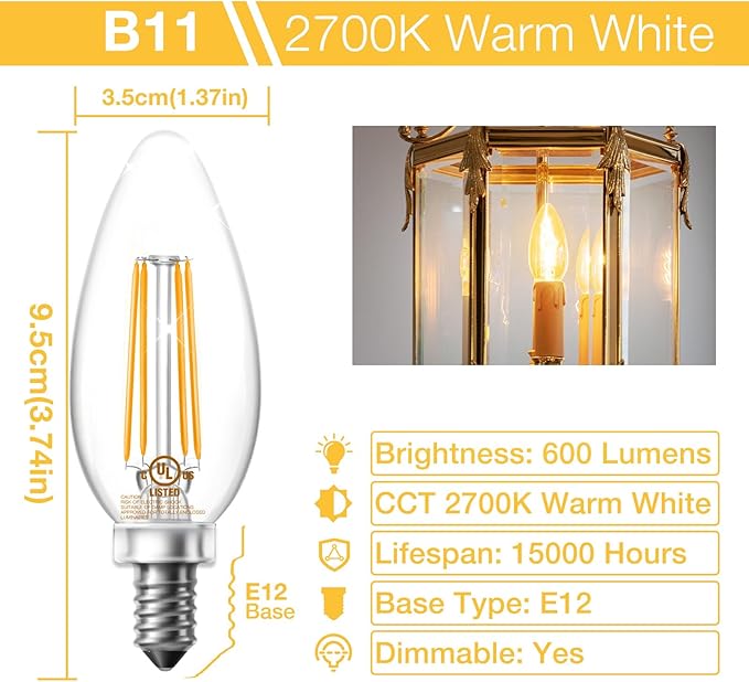 DAYBETTER B11 Chandelier Light Bulbs, Dimmable E12 LED Bulbs 60W Equivalent, Candelabra LED Bulbs, High Brightness 600 LM Warm White 2700K, Filament Candle Light Bulbs, Clear Glass, 24 Pack