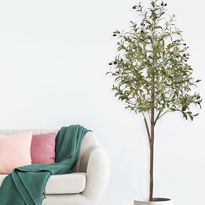Artificial Olive Trees Indoor, 5.91FT Tall Faux Fake Potted Olive Tree with Natural Branches and Fruits, Modern Artificial Trees for Home Decor Office Living Room