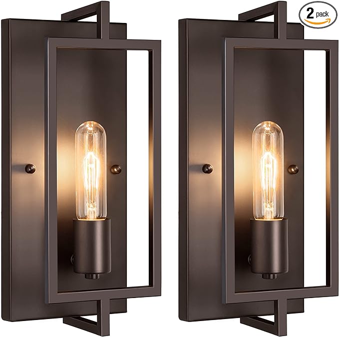 Industrial Wall Sconces Set of 2, Vintage Brown Wall Light Fixture E26 Base, Metal Rustic Wall Mount Lamp, Modern Indoor Lighting Hardwired