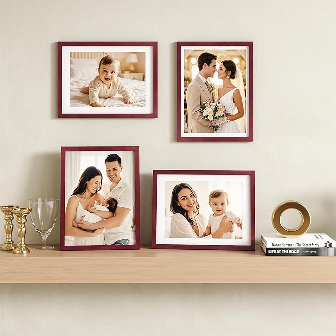 Egofine 12x16 Picture Frames with Plexiglass, Display Pictures 9x12/11x14 with Mat or 12x16 Without Mat Set of 4 for Wall Mounting,Cherry Red
