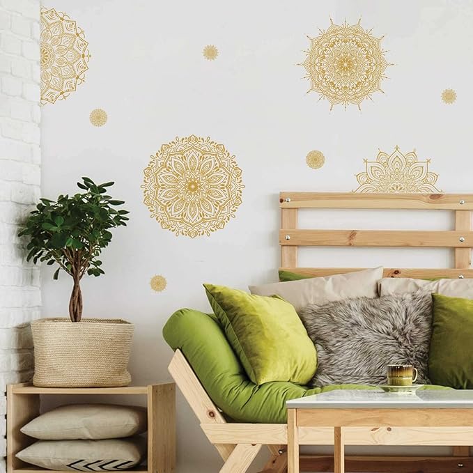 Kazova Mandala Wall Art Decals Gold Mandala Wall Decal Mandala Window Stickers Lotus Flower Decals Peel and Stick Removable Mandala Floral Stickers for Bedroom Living Room Headboard Decor