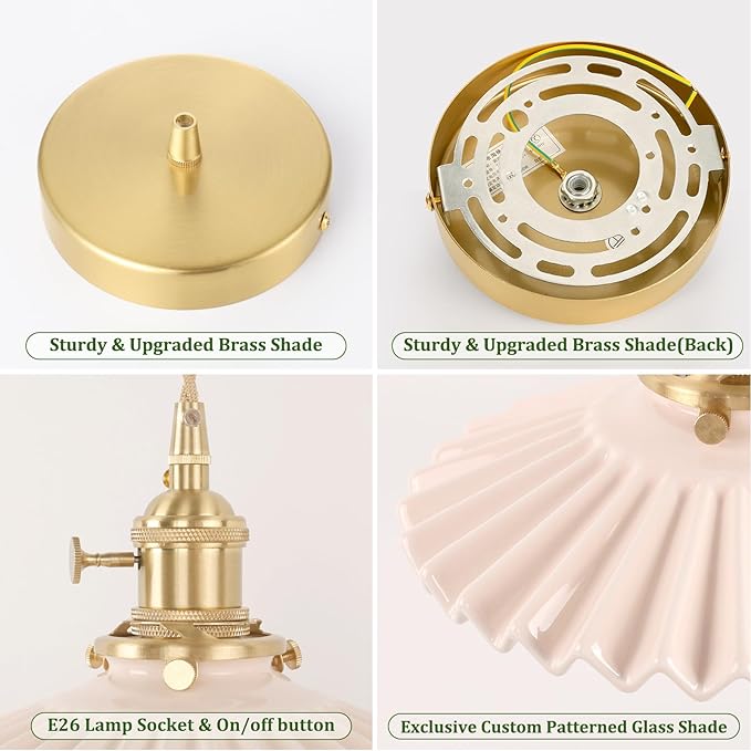 Pendant Light with Pink Pleated Ceramic Lmapshade, Brass Vintage Pendant Light Adjustable Hanging Light for Kitchen Island Dining Room Hallway