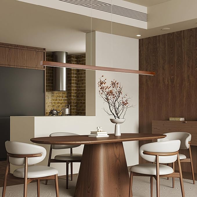71" Walnut Wood Linear Pendant Light Dimmable LED Chandelier 40w Remote Adjustable Hanging Height Modern Farmhouse Minimalist Fixture for Kitchen Island Dining Room & Bar