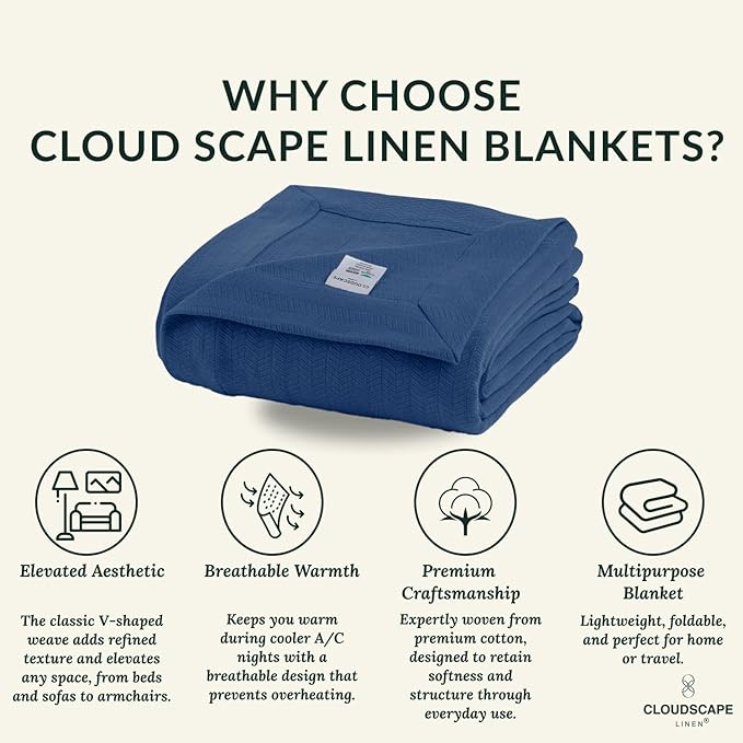 Cloud Scape Linen Herringbone Cotton Throw Blanket for Couch, Bed,Sofa, Home Decor, Soft, Lightweight, All-Season Bed Blanket, 50 x 70,Ensign Blue