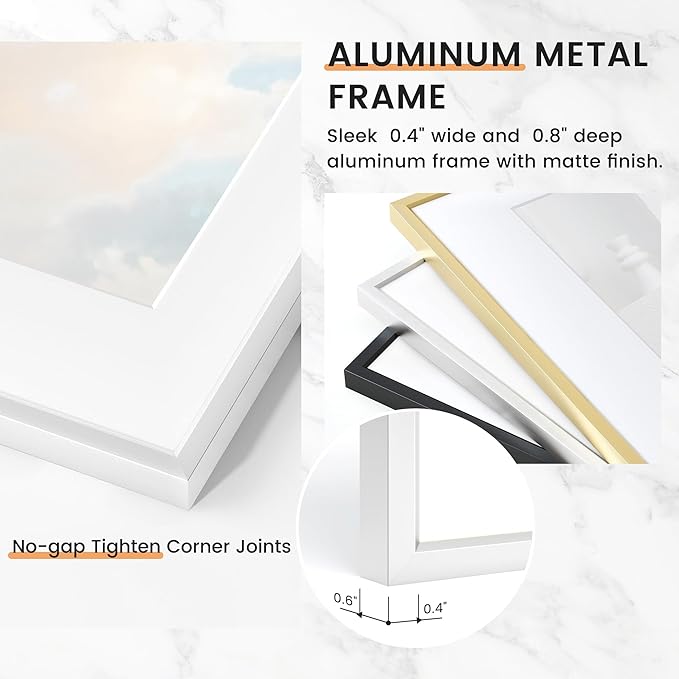 8x10 inch Metal Picture Frame - 8 x 10 Thin Aluminum Photo Frames with 5x7 Removable Mat - High Definition Plexiglass - Ideal for Wall or Tabletop Display - Wall Hook Hanging Hardware Included - Silver, Set of 4