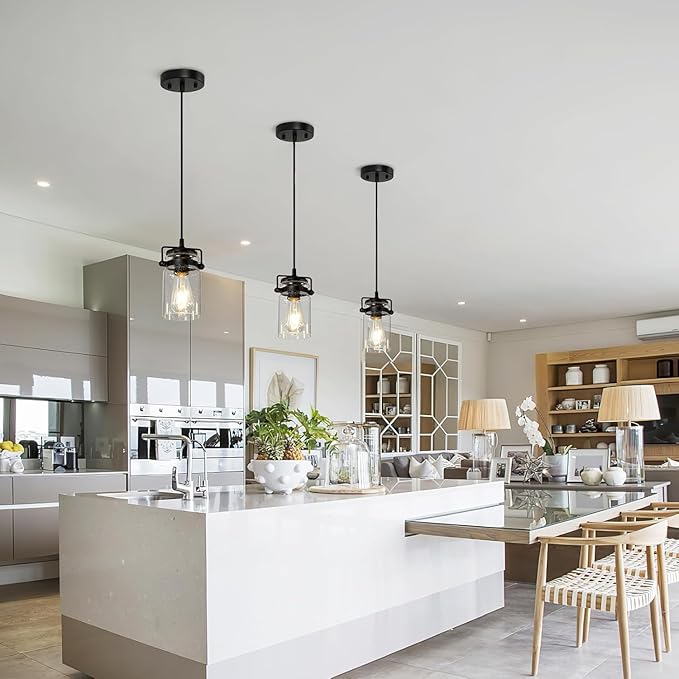 Industrial Pendant Lighting for Kithen Island, Black Pendant Light Fixture with Clear Glass Shade, Modern Mini Ceiling 3 Light Fixture Adjustable Kitchen Island Lighting(E26 Base)