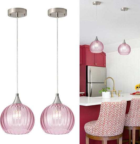 Brushed Nickel Pendant Lights Kitchen Island, Globe Pendant Light Fixtures with 8 Inch Clear Glass Shade, Modern Hanging Light Fixtures for Kitchen, Bedroom (2 Pack - Pink Glass Pendant Light)