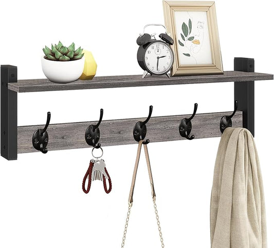 Homode Wall Hooks With Shelf, 24 Inch Coat Rack Wall Mount for Entryway, Clothes, Backpack, Key, Purse - Floating Shelf Hanging in Bathroom, Bedroom, Hallway, Rustic Grey