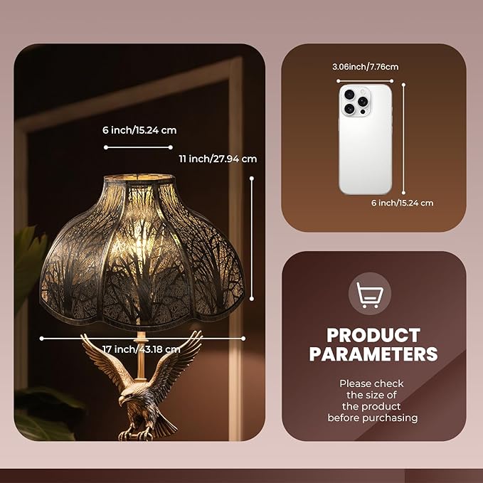 ALUCSET Octagonal Large Lampshade, Lotus Shaped Etched Forest Metal Lamp Shade Replacement for Table and Floor Light Cover, Antique Bronze and Gold, 6" Top x 17" Bottom x 11" High Large Lampshades