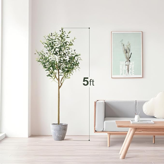 WILDLOVE Fake Olive Tree Artificial Indoor, Potted Faux Olive Trees with Natural Wood Trunk & Lifelike Fruits for Home Office Decor (5ft)