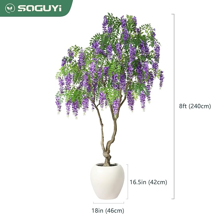 Blooming Wisteria Tree, 8ft Artificial Violet Tree with Round Artisan Planter, Premium Handmade, Realistic Trunk & Lifelike Leaves, Perfect for Large Spaces & Elegant Home/Office Decor