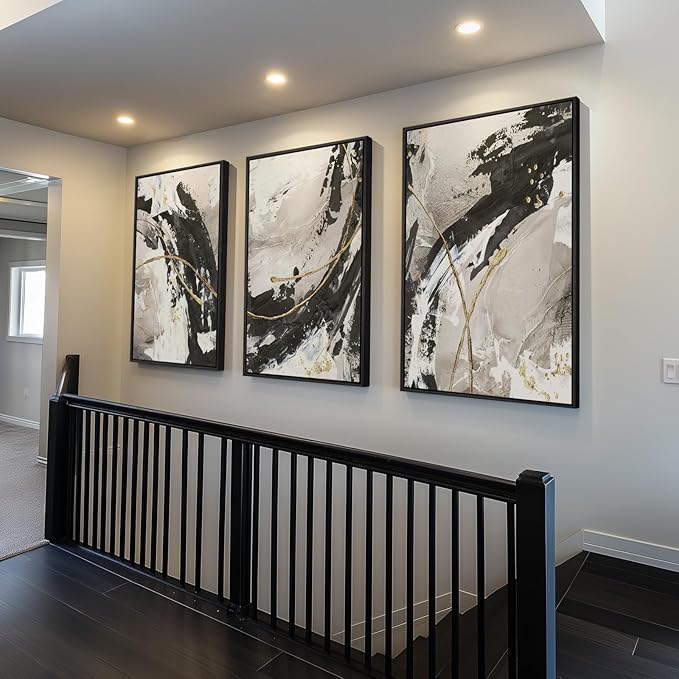 Framed Black and White Abstract Wall Art for Living Room, 3 Piece Large Modern Minimalist Gold Lines Canvas Prints Artwork for Walls, Bedroom, Kitchen, Hallway, Office Wall Decor, 24x36 Inch