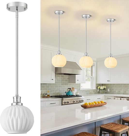 Milk Glass Pendant Lights Kitchen Island, 1-Light 7.1" Brushed Nickel Modern Pendant Light Fixtures with Rods, Globe Hanging Lighting for Kitchen Sink Bathroom Dining Room, E26 Base