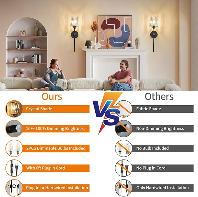 Crystal Wall Sconces Set of 2, Dimmable Wall Sconce with Plug in Cord and Dimmer Matte Black Plug in Wall Lamp Wall Mounted Light with Crystal Shade for Living Room Bedroom Vanity Light Bulbs Included