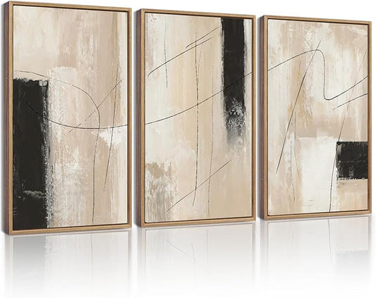 KUVIOKE Abstract Framed Wall Art Minimalist Beige Pastel Watercolor Neutral Wall Decor Modern Black Line Art Painting Home Decor 12x16in (Natural Framed)