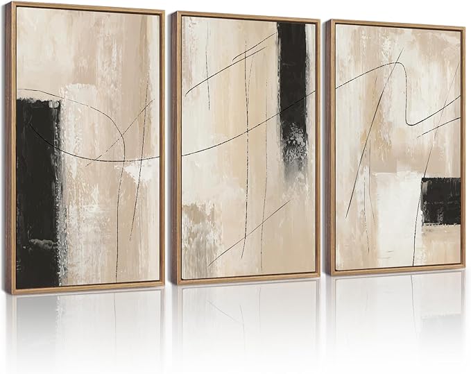 KUVIOKE Abstract Framed Wall Art Minimalist Beige Pastel Watercolor Neutral Wall Decor Modern Black Line Art Painting Home Decor 11x14in (Natural Framed)