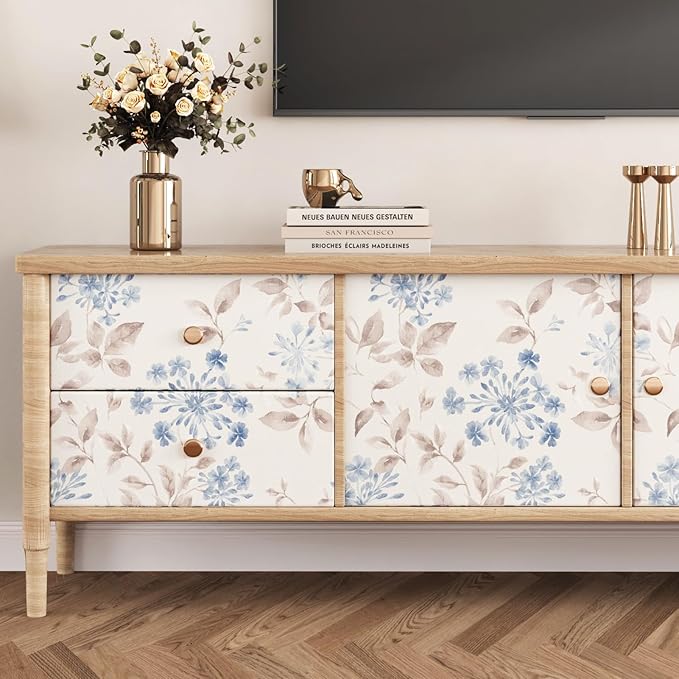 WESTICK Blue Leaf Wallpaper Vintage Peel and Stick Floral Contact Paper for Walls Neutral Floral Wallpaper Self Adhesive Removable Beige Leaf Wall Paper for Bedroom Living Room Cabinets 17.5"x100"
