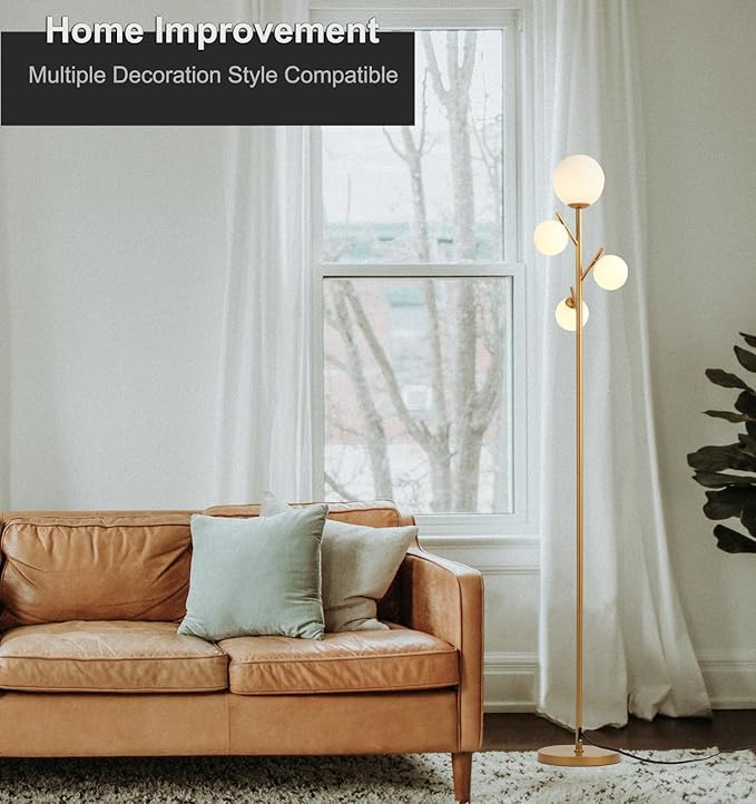 Fiqevs 4 Globe Gold Floor Lamp, Modern Sputnik Tree Standing Lamp with Frosted Glass Ball Lampshade & 3000K LED Bulbs, Mid Century Contemporary Tall Lamp for Living Room, Bedroom - Antique Brass