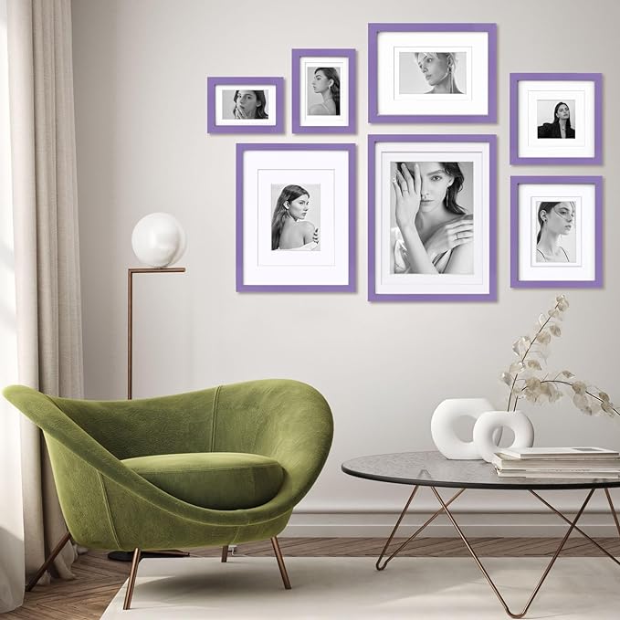 Egofine 5x7 Picture Frame 4PCS Made of Solid Wood, Display Pictures 3.5x5/4x6 with Mat or 5x7 Without Mat Covered by Plexiglass for Table Top Display and Wall Mounting Photo Frame, Purple
