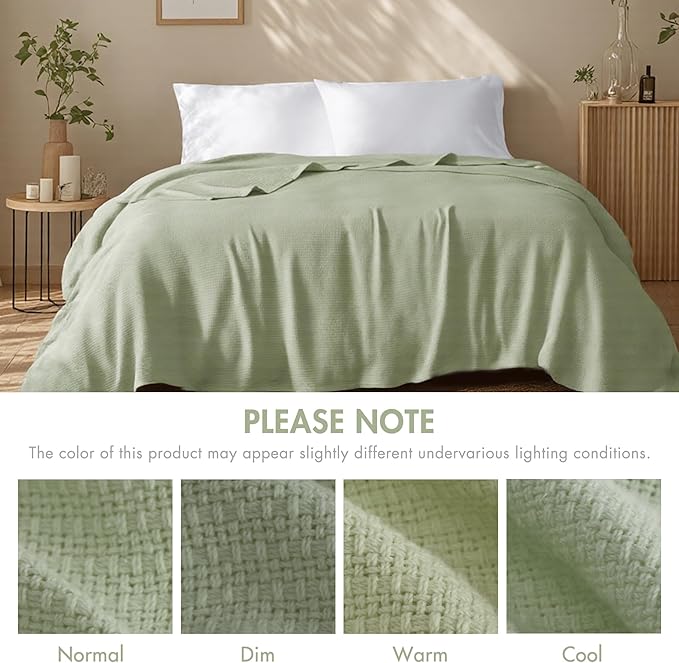 Madison Park Farmhouse Blanket,100% Cotton Luxuriously Soft Fresh Spun Farmhouse Basketweave Blanket Breathable All Seasons Lightweight Blanket for Bed, Couch and Office, King, Green