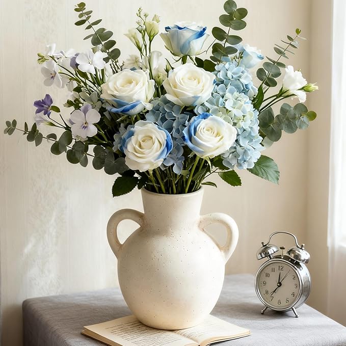 Rustic Ceramic Farmhouse Flower Vase with 2 Handles, Whitewashed Terra Cotta Vase, Decorative Pottery Flower for Home Decor, Table, Living Room, Shelf Decor, 7.3 Inch, White