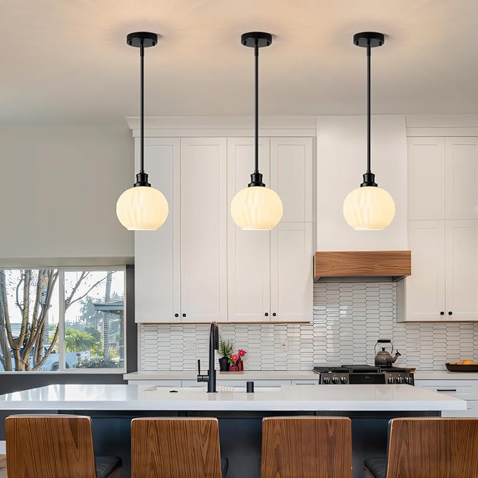 Milk Glass Pendant Lights Kitchen Island, 1-Light 7.1" Black Modern Pendant Light Fixtures with Rods, Globe Hanging Lighting for Kitchen Sink Bathroom Dining Room, E26 Base