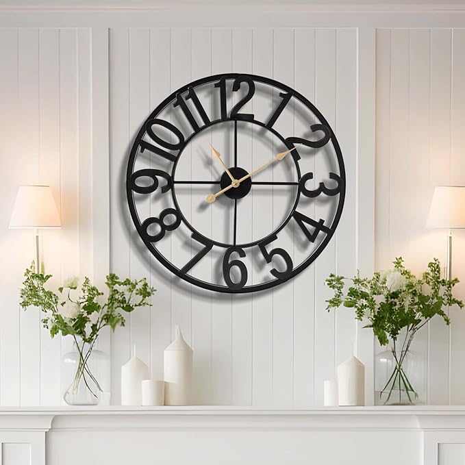 Vantic 24 Inch Large Wall Clock, Arabic Numeral Metal Oversized Wall Clocks for Living Room Decor, Bedroom and Kitchen, Completely Silent, Non Ticking, Battery Operated