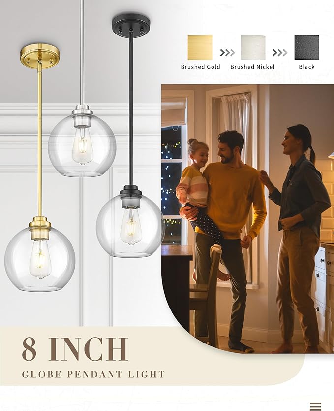 Globe Pendant Light Fixture, 8'' Modern Brushed Nickel Hanging Light with Clear Glass for Kitchen Island Dining Room Bedroom Hallway Foyer (1 Pack), PL101BN-L