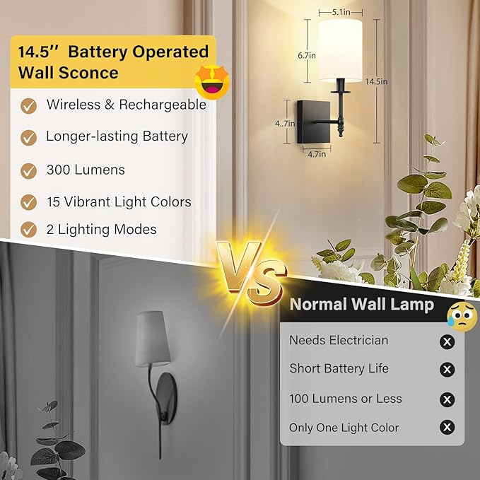14.5 Inch Black Battery Operated Wall Sconces Set of 2, Rechargeable Wireless Wall Lights with Remote & White Fabric Shade, Indoor Not Hardwired Dimmable Wall Lamps for Bedroom, 2 Bulbs Included