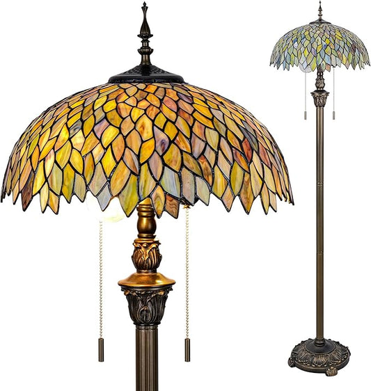 Tiffany Floor Lamp Green Wisteria Style Stained Glass Standing Reading Light 16x16x64 Inch Retro Inspired Pole Corner Lighting Art Decor for Bedroom Living Room Home Office (Green Leaves)