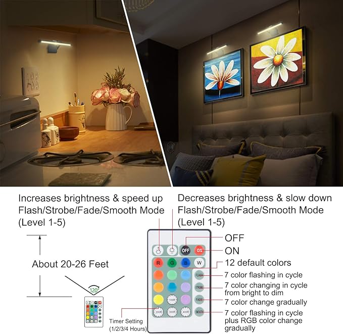 Wireless Picture Light, Picture Frame Lighting,Painting Lights with Remote, 48 Super Bright LEDs,12 Color Changing Accent Light,250LM Dimmable Timer Display Light for Art,Dartboard
