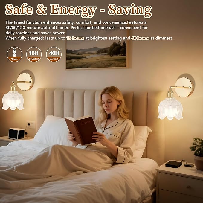 Vintage Battery Operated Wall Sconce with Flower lampshade,Rechargeable Battery Powered Wall Lights,Wall lamp With 15 Colors for Bedroom Living Room Home Decor (Flower White, 2 Light Battery Operated)