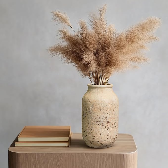 Farmhouse Rustic Vase, 9 Inch White Ceramic Vase for Home Decor Living Room Shelf Office Entryway Table Decor