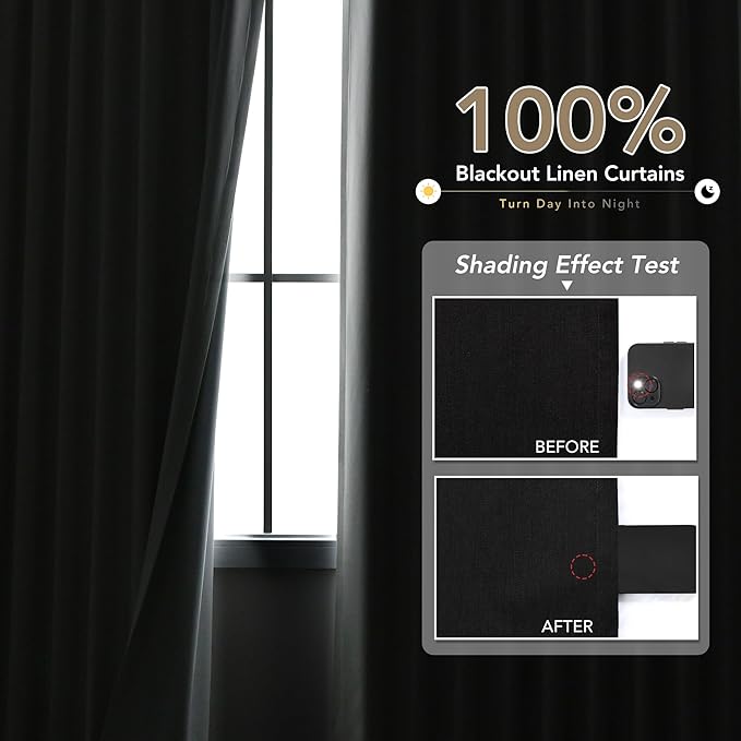 100% Blackout Linen Curtains for Bedroom Thermal Insulated Grommet Complete Blackout Drapes 90 Inch Length 2 Panels Set Heat and Full Light Blocking Living Room Darkening Curtains Black
