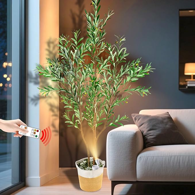 kockuu Olive Trees Artificial Indoor with LED Light, 6FT Tall Faux Olive Tree Plant with Basket and Natural Wood Branches & Fruits, Fake Tree Planter for Living Room Home Office Decor