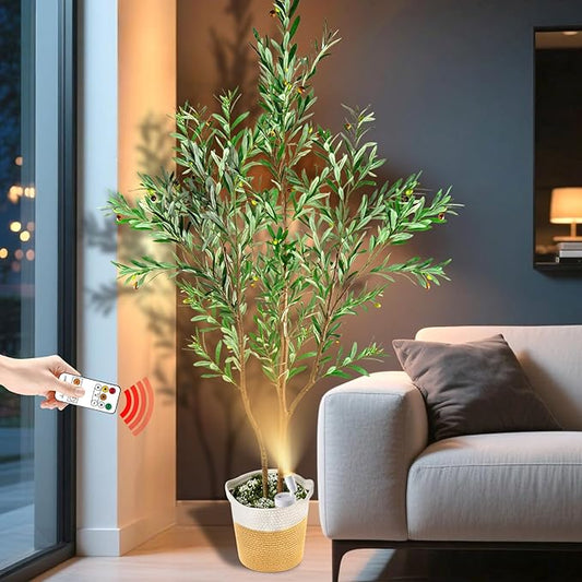 kockuu Olive Trees Artificial Indoor with LED Light, 6FT Tall Faux Olive Tree Plant with Basket and Natural Wood Branches & Fruits, Fake Tree Planter for Living Room Home Office Decor