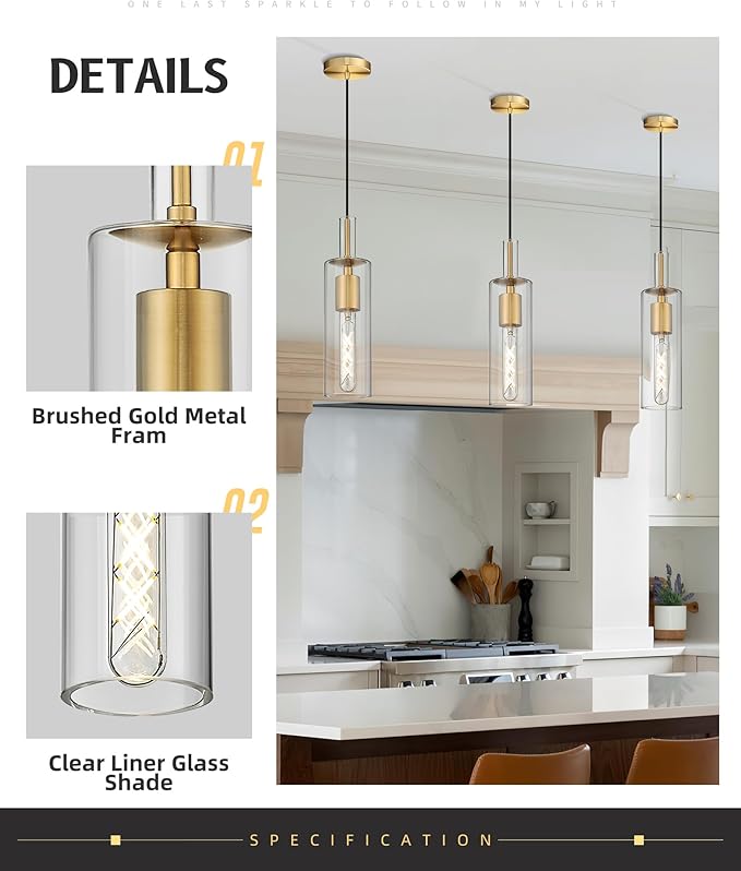 AUTELO 1-Light Pendant Lights Kitchen Island - Gold Pendant Light Fixtures, Vintage Hanging Lamp in Metal Finish with Clear Linear Glass, Kitchen Pendant Lighting over Island for Dining Room, H3875 BG